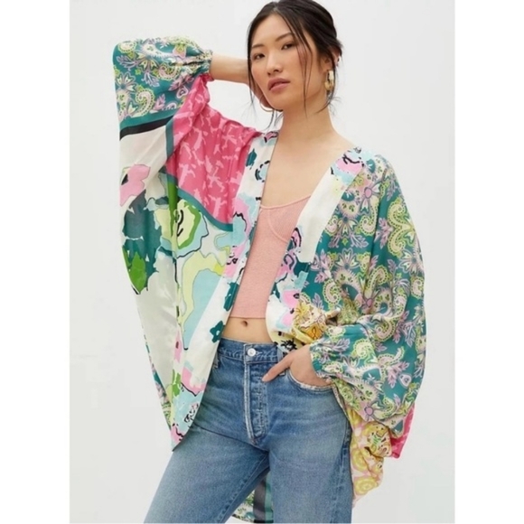 Anthropologie Kimono Cardigan in Green Paisley Floral Mix Print - Picture 2 of 6